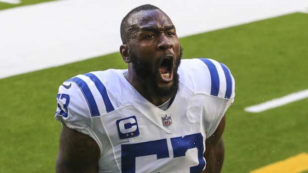 Indianapolis Colts linebacker Darius Leonard shouts after a road win at Houston.